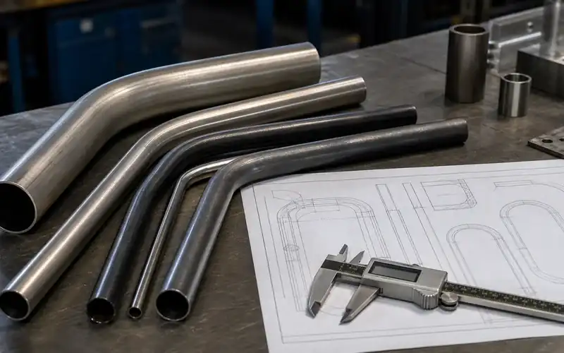 Manufacturing engineer reviewing a finished tube drawing beside a bending workstation