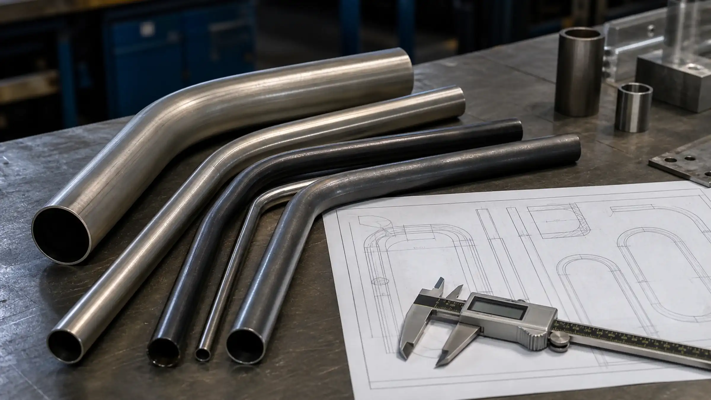 Manufacturing engineer reviewing a finished tube drawing beside a bending workstation
