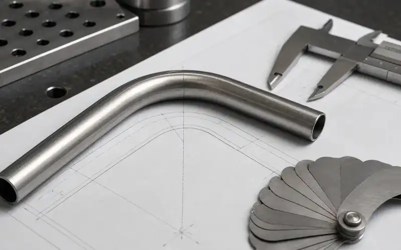 Technical tube bend drawing showing centerline radius, outside diameter and bend angle