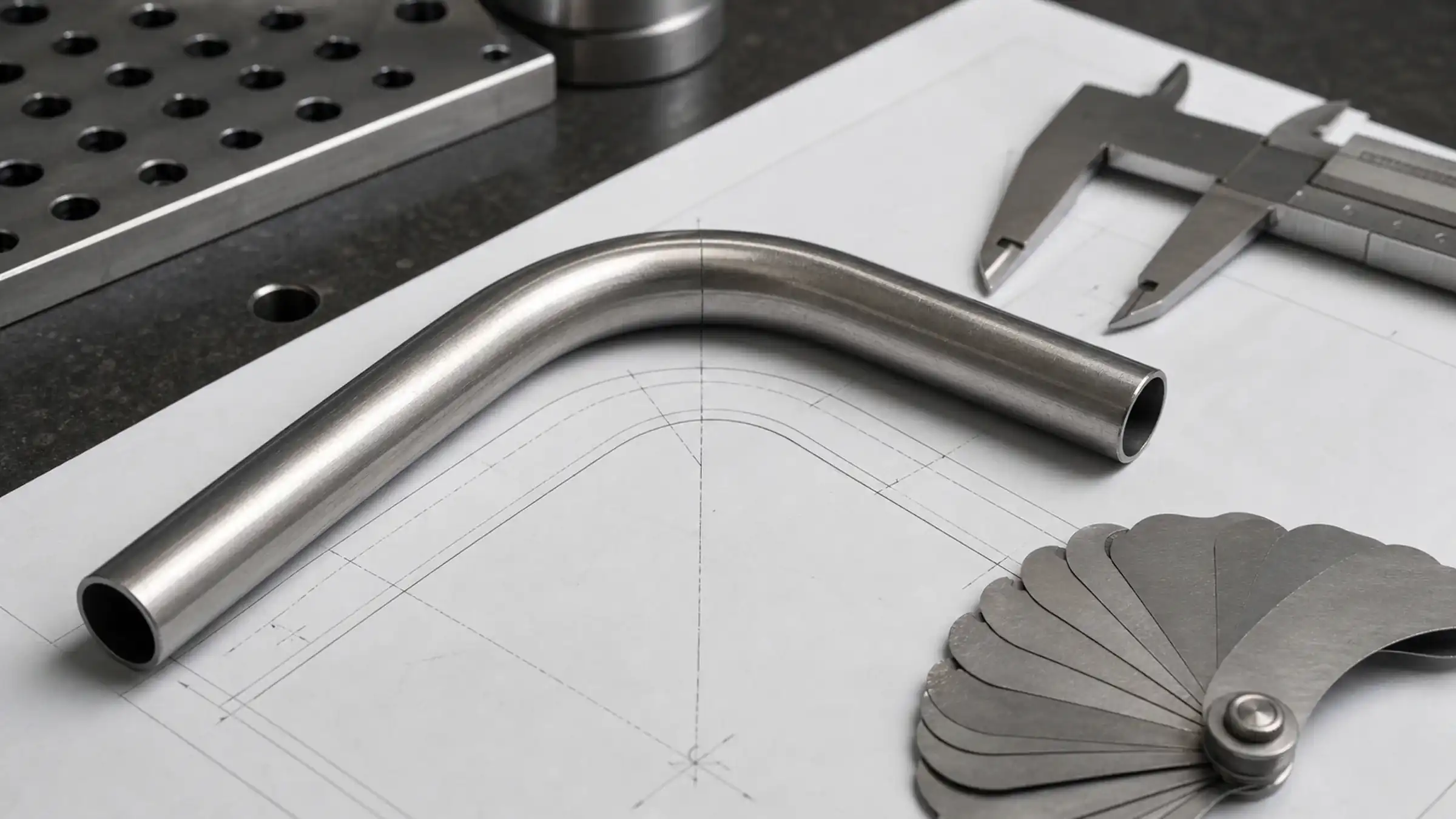 Technical tube bend drawing showing centerline radius, outside diameter and bend angle