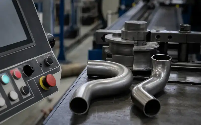 CNC and NC tube-bending control stations compared beside finished tubular parts