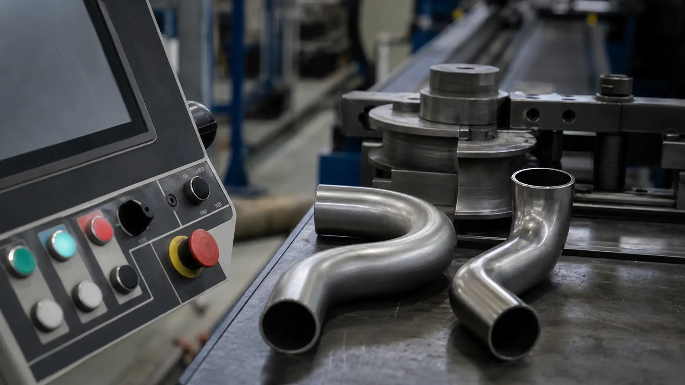 CNC and NC tube-bending control stations compared beside finished tubular parts