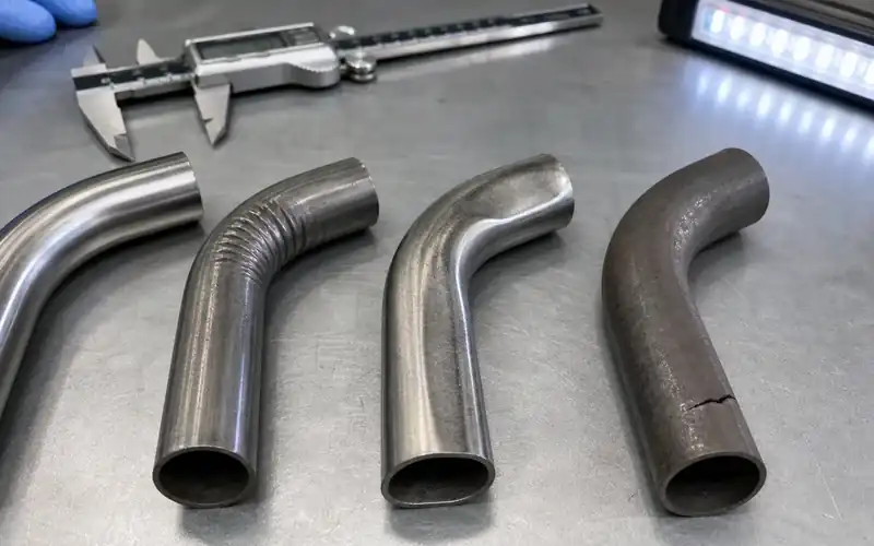 Bent tube samples prepared for inspection of wrinkling, flattening and cracking
