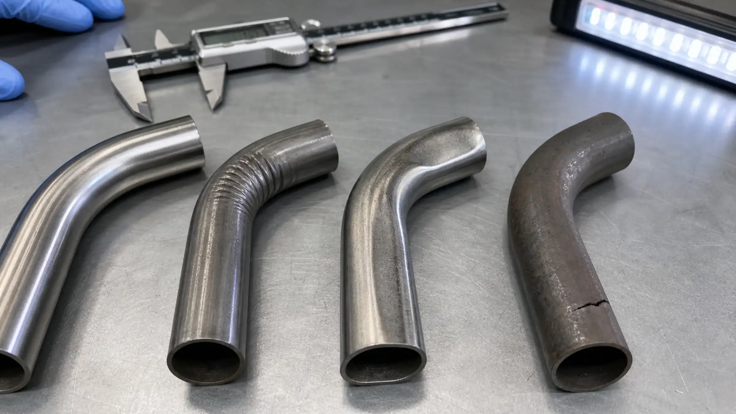 Bent tube samples prepared for inspection of wrinkling, flattening and cracking