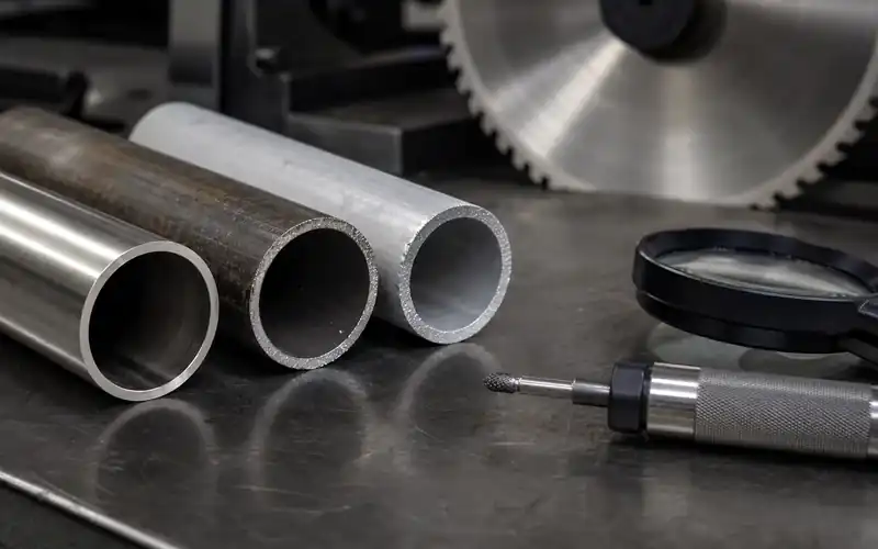 Industrial tube-cutting workstation with supported stock and organized finished pieces