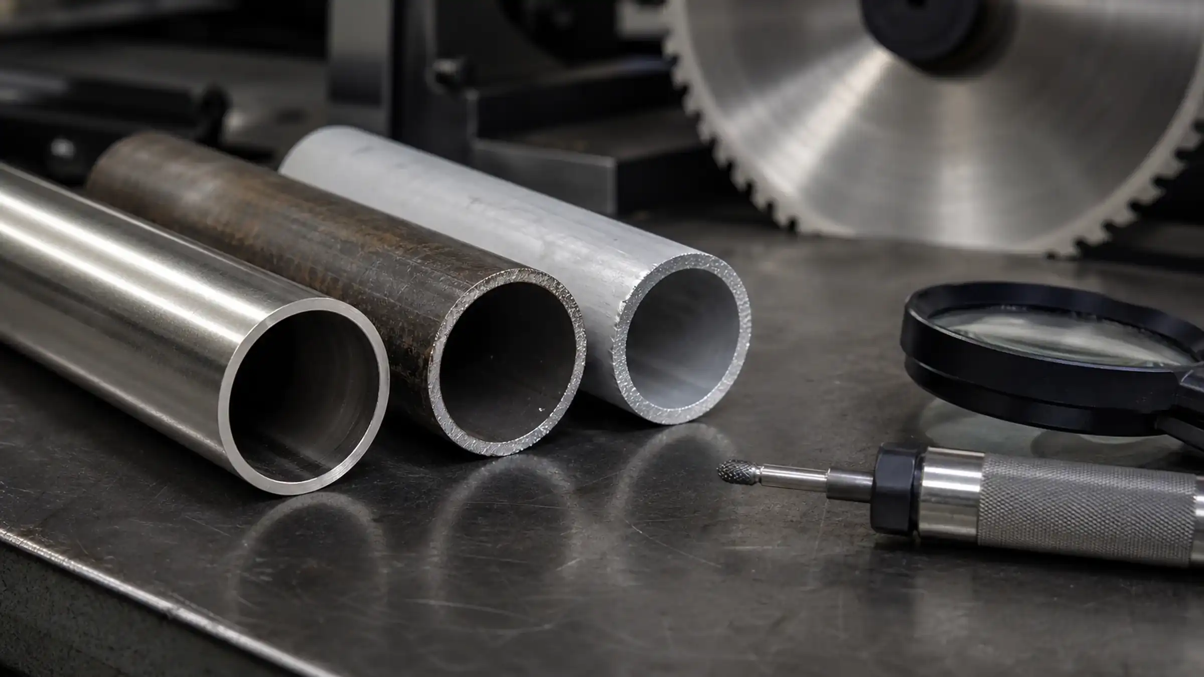 Industrial tube-cutting workstation with supported stock and organized finished pieces