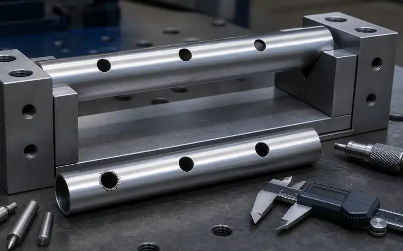 Guarded tube-punching workstation with a supported workpiece and controlled positioning