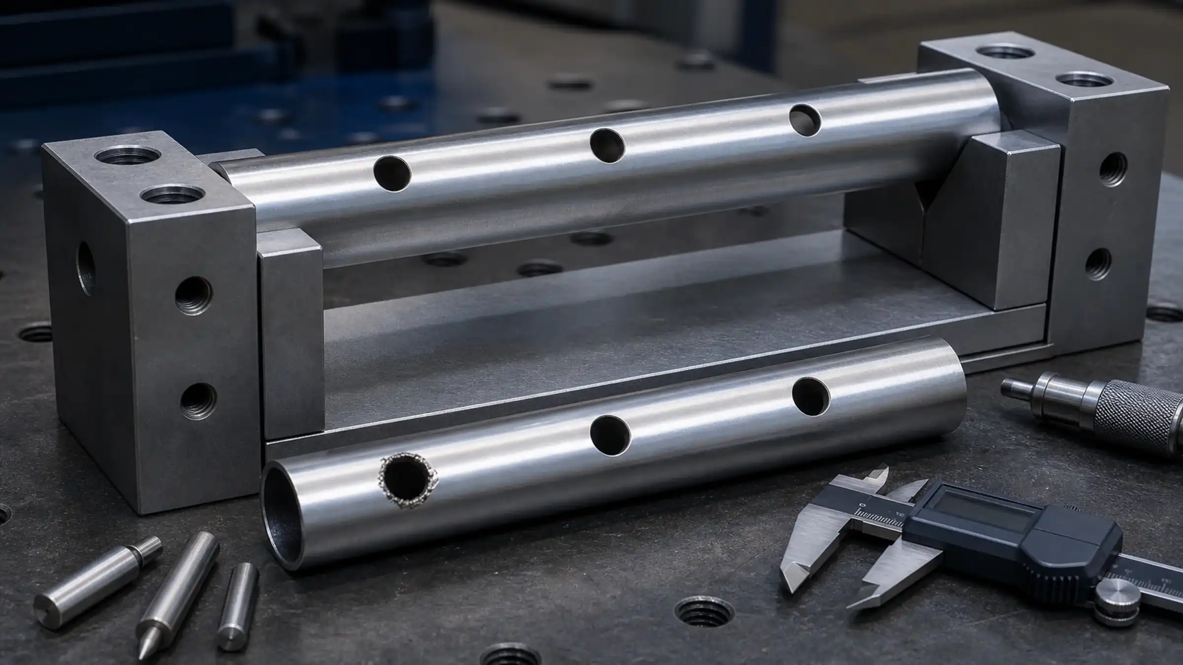 Guarded tube-punching workstation with a supported workpiece and controlled positioning