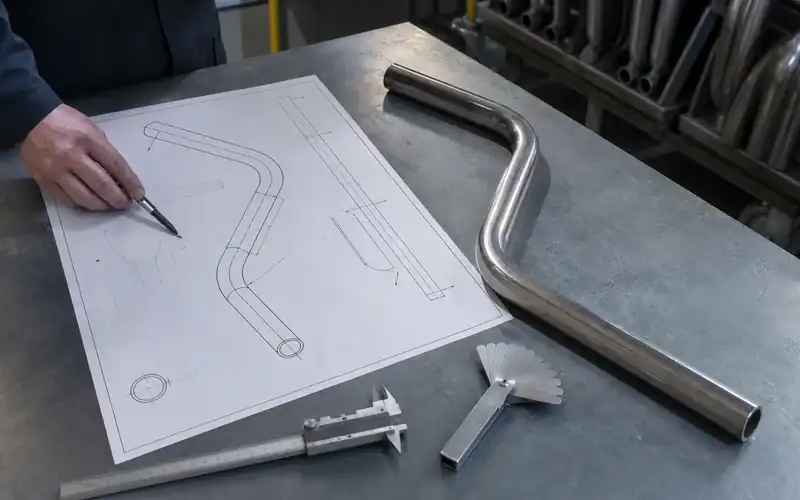 Finished tubular part drawing beside a sample component and inspection tools