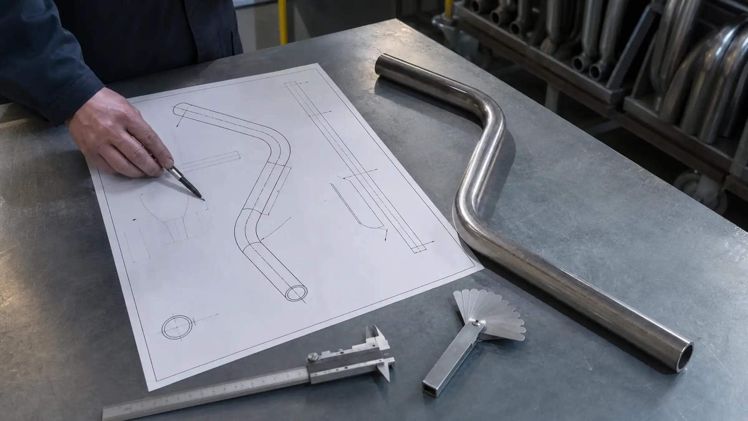 Finished tubular part drawing beside a sample component and inspection tools