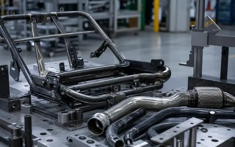 Organized tube-processing cell with guarded equipment and tubular automotive components