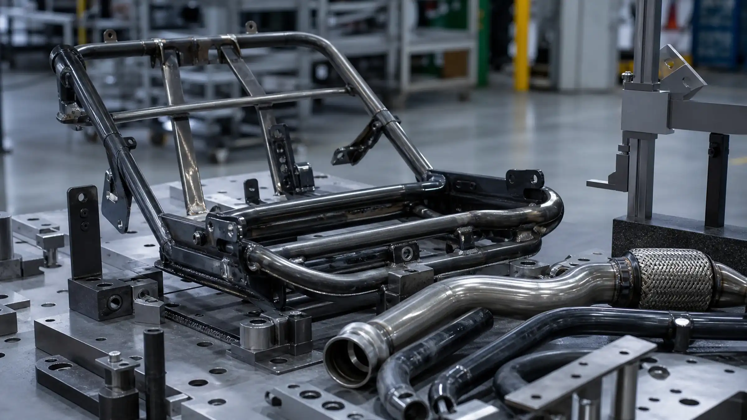 Organized tube-processing cell with guarded equipment and tubular automotive components