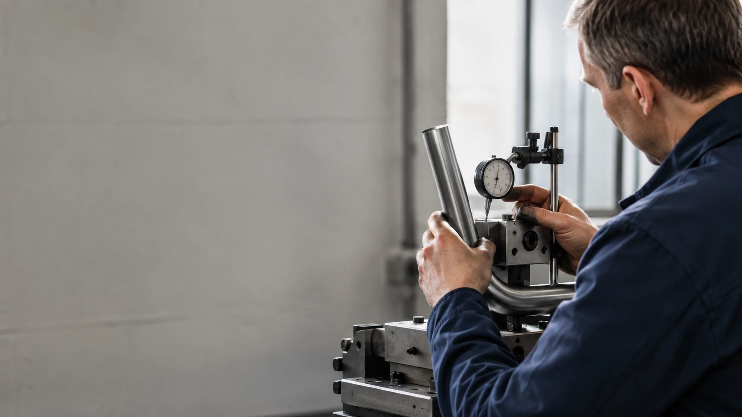 Support engineer measuring a bent stainless-steel tube with a dial indicator