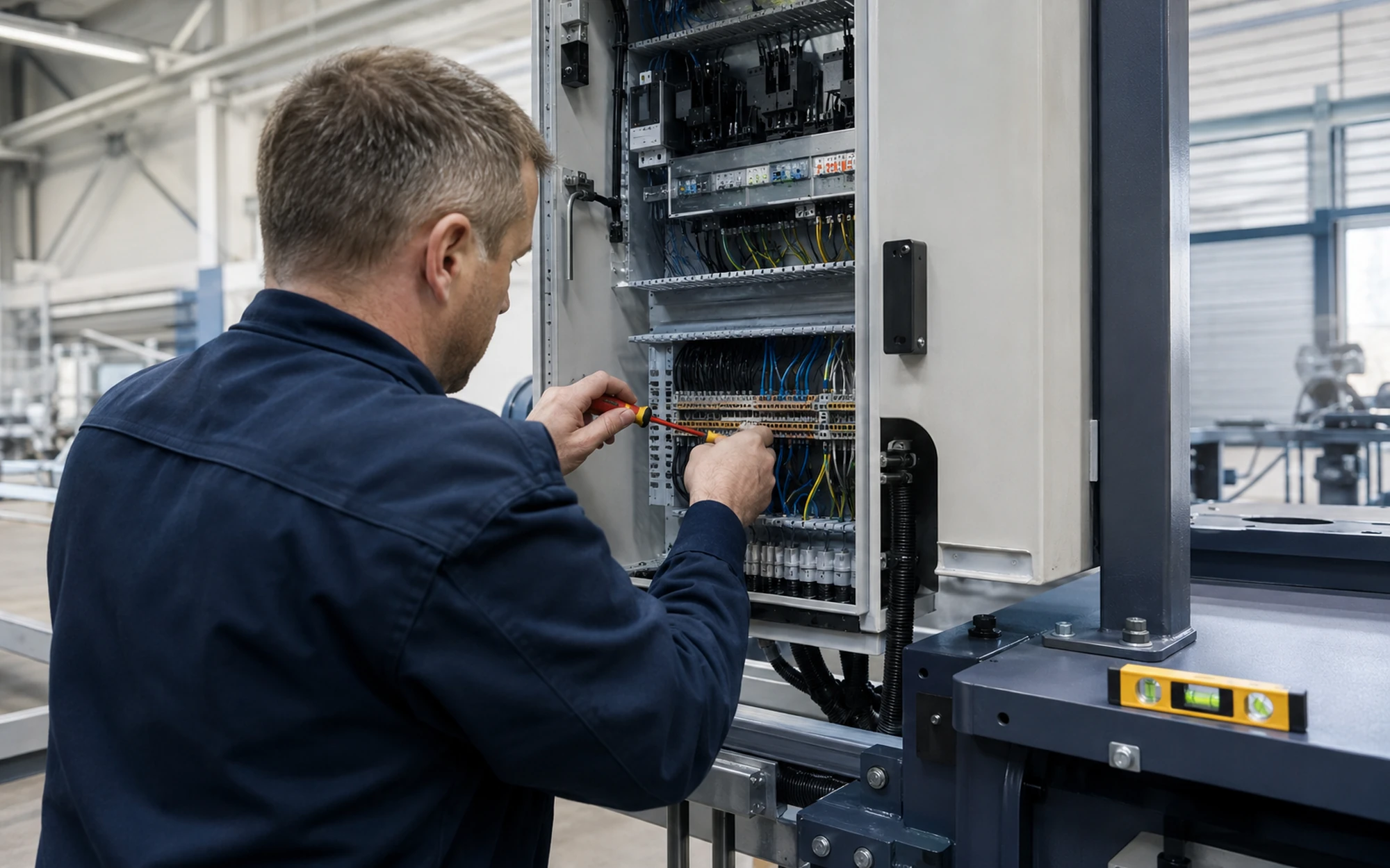 Field engineer wiring an open control cabinet during installation