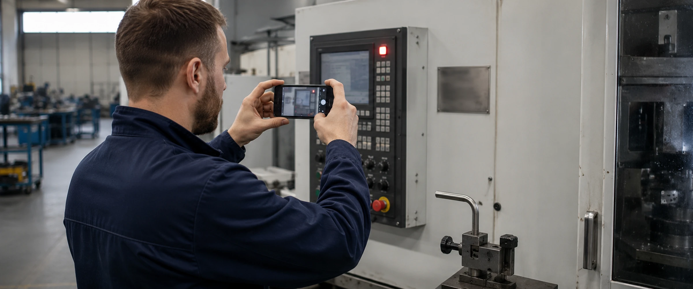 Operator photographing a physical machine alarm panel for remote support