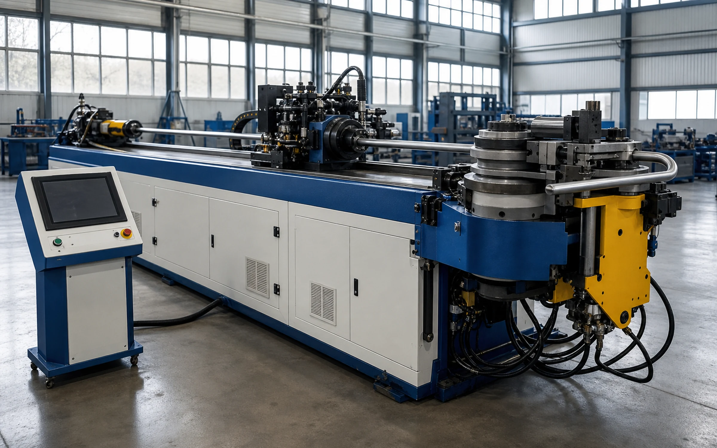 CNC tube bending equipment operating in an integrated factory scene
