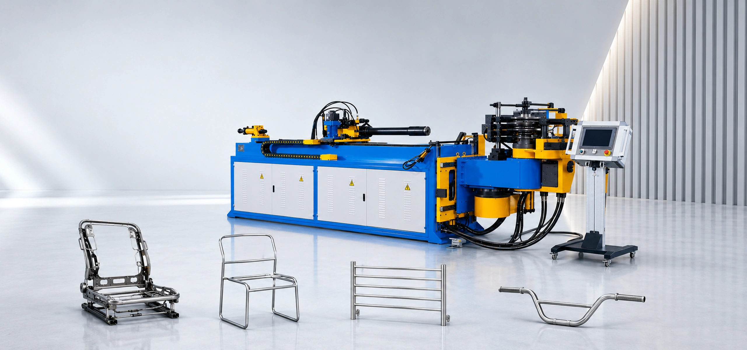 CNC pipe bending machine with automotive, furniture and handlebar tube applications