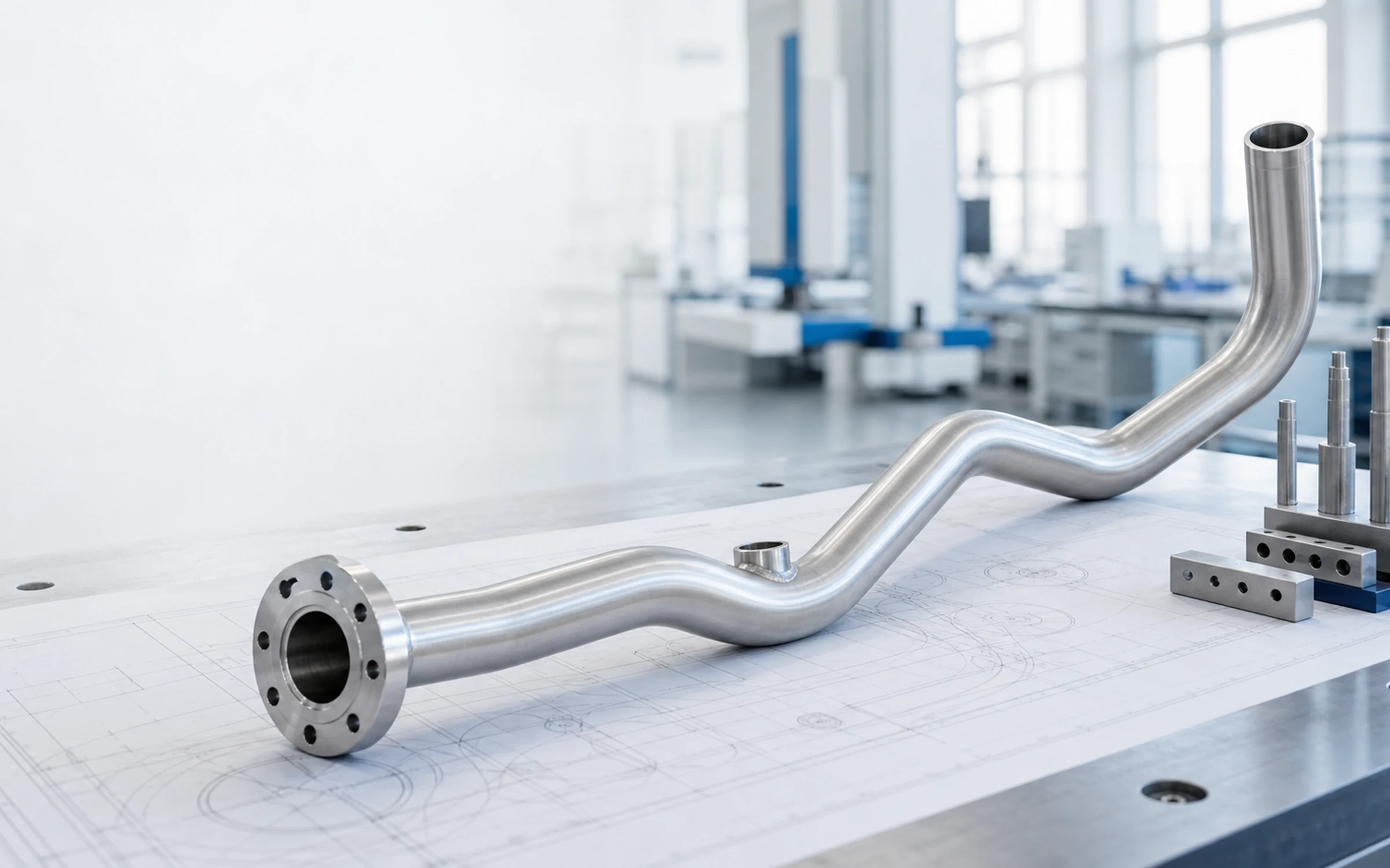 Bent tube prototype detail shown over an engineering drawing