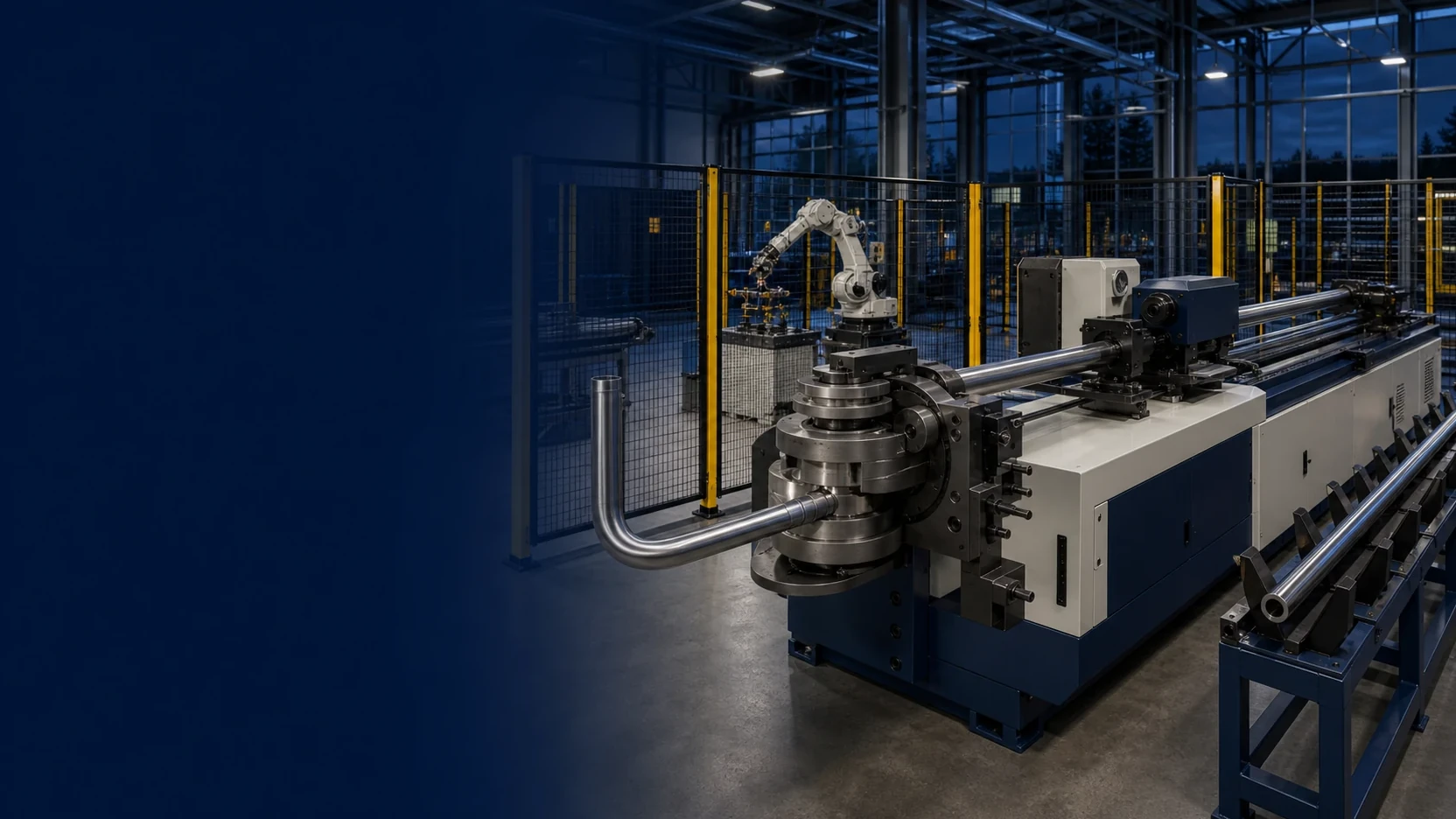 Integrated tube processing cell arranged inside a modern industrial workshop