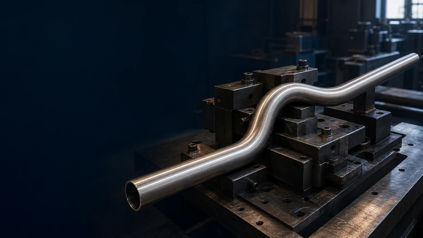 Bent stainless steel tube held in a precision fixture above an engineering drawing