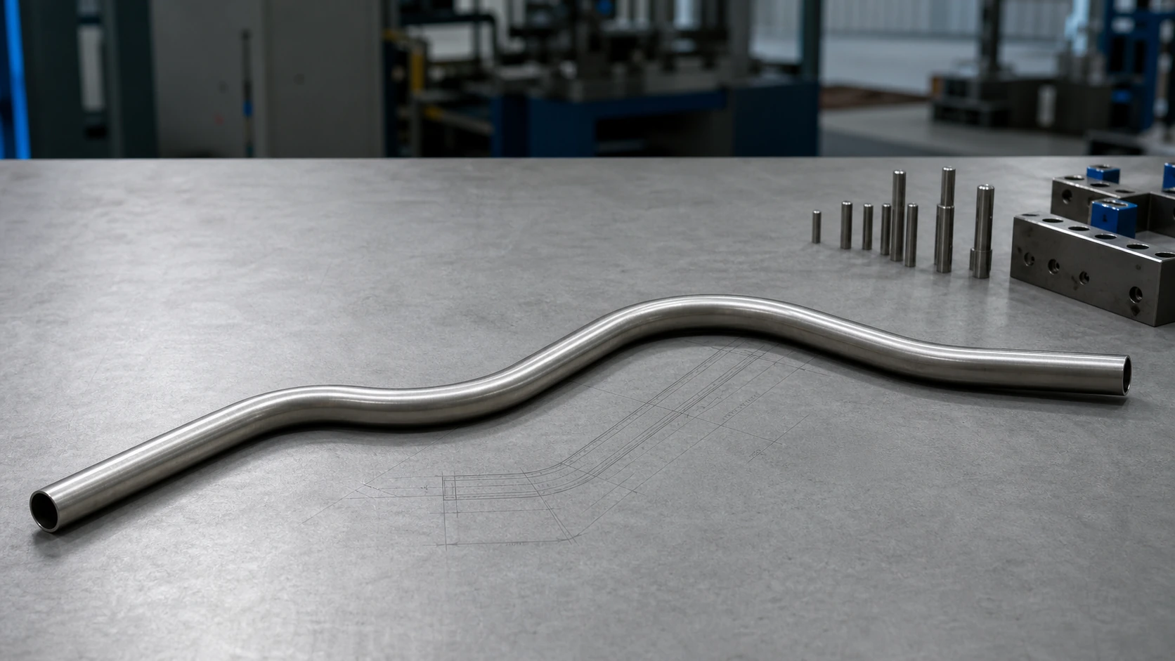 Continuous constant-diameter stainless steel tube with three controlled bends on a cool-gray engineering table