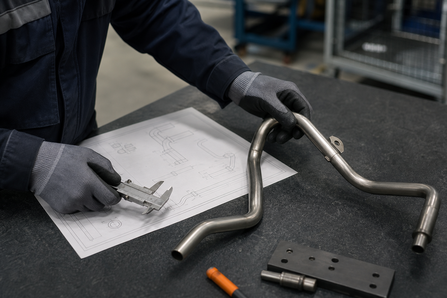 Engineer checking an hvac & refrigeration bent tube against a technical drawing