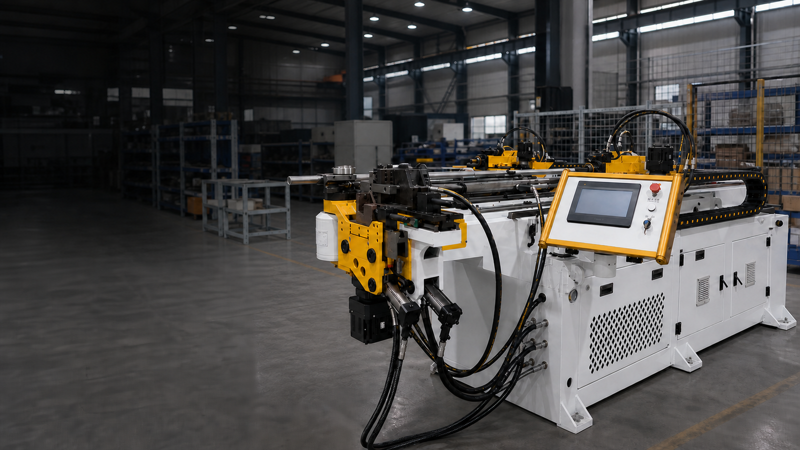 CNC tube bending machine installed in a modern manufacturing workshop