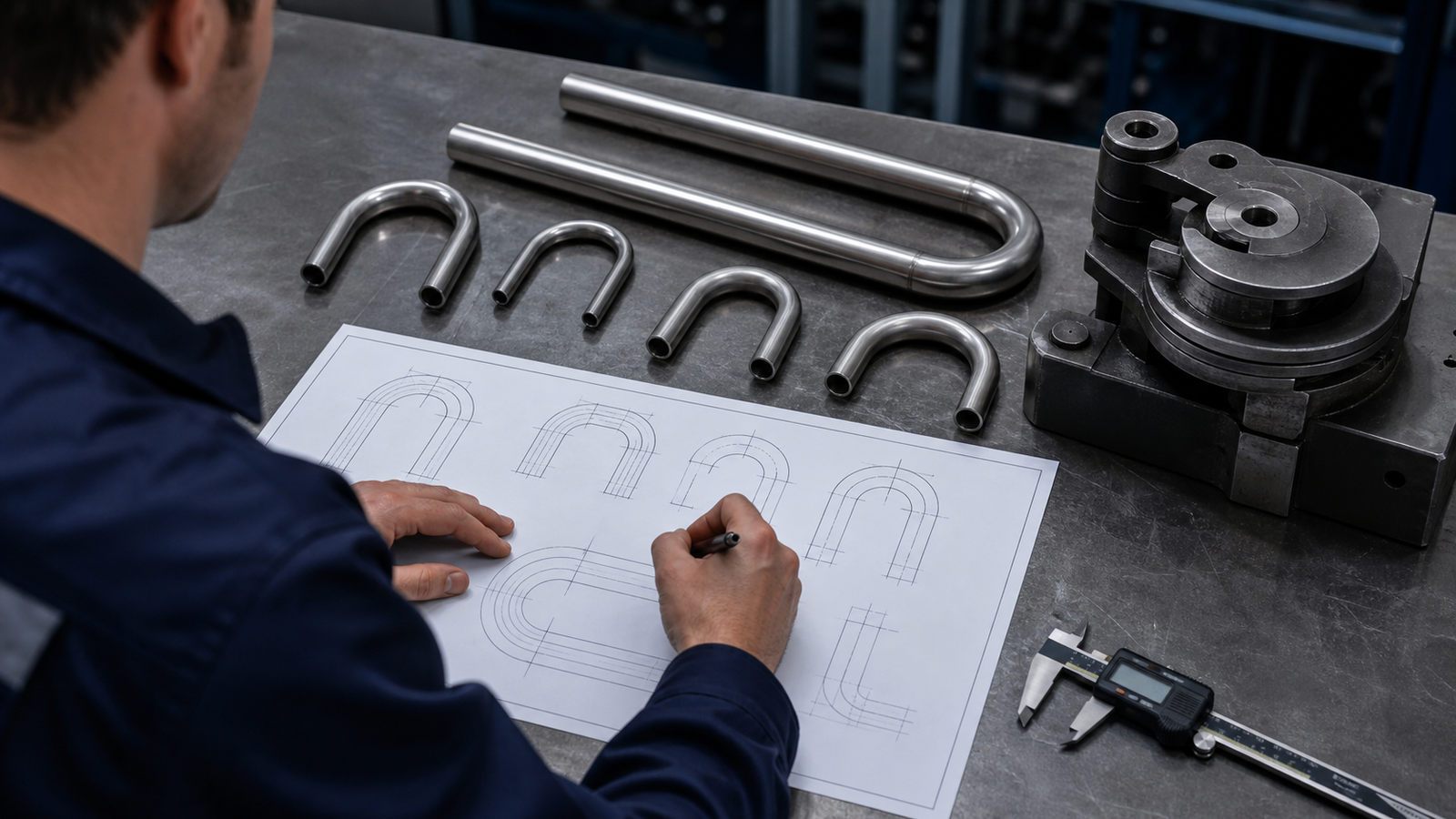 Tube processing engineer reviewing a production drawing
