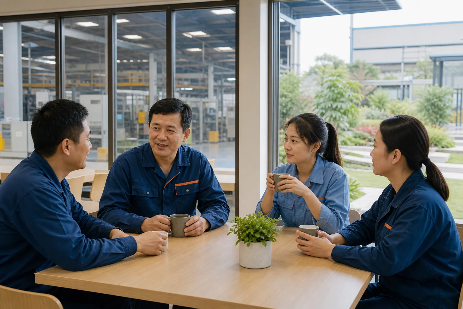 Concept visualization of employees sharing a relaxed break in a supportive workplace