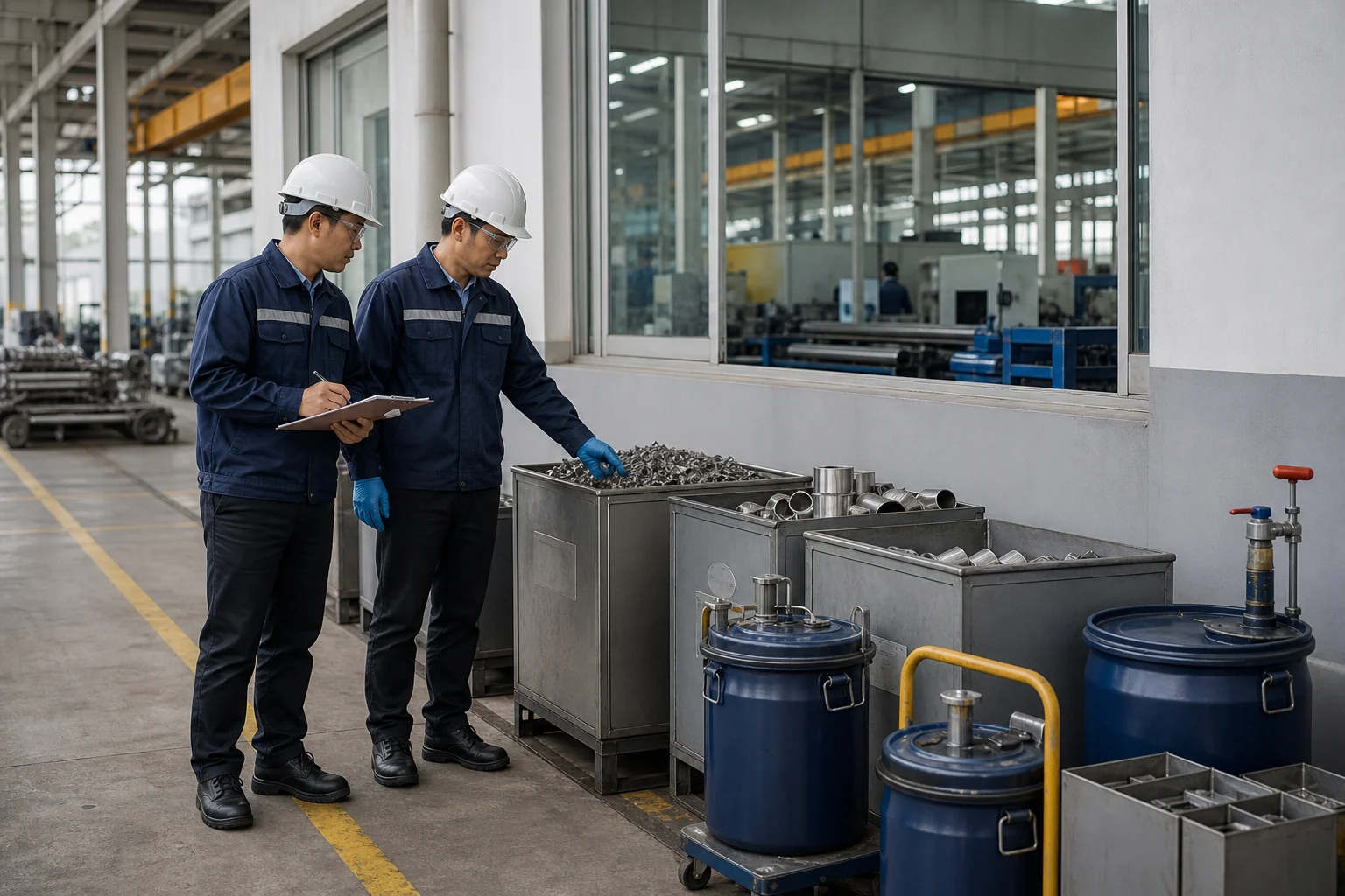 Concept visualization of environmental compliance, metal scrap sorting and oil recovery