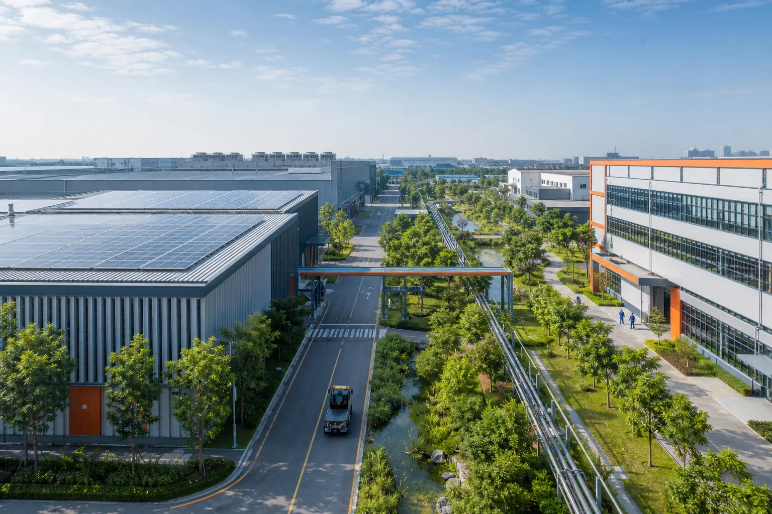 Concept visualization of a sustainable manufacturing campus with rooftop solar and green corridors