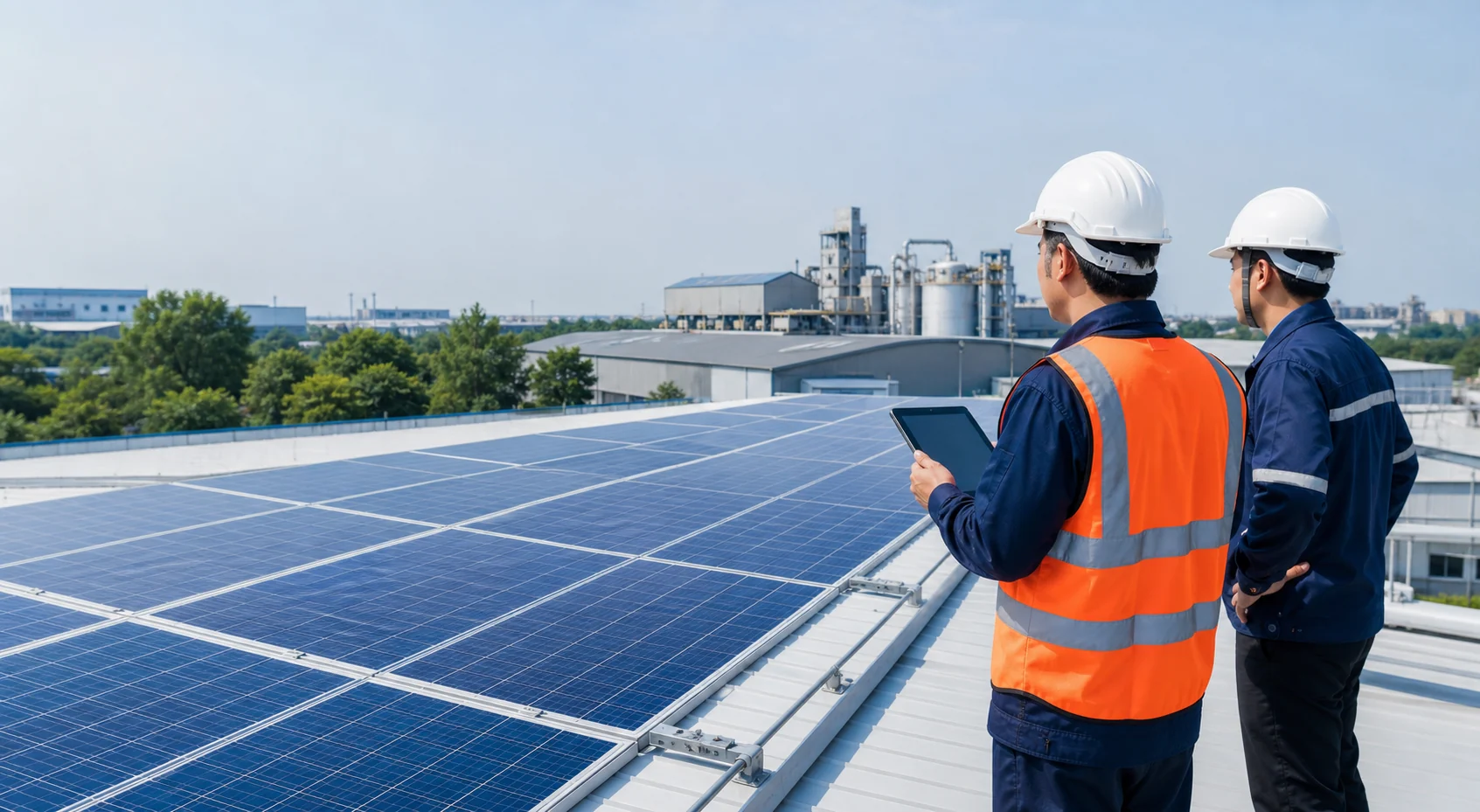 Concept visualization of technicians inspecting a rooftop solar installation