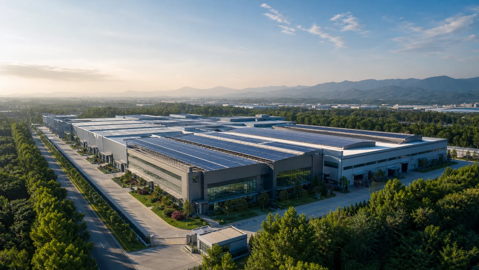 Concept visualization of a modern Raysun factory campus with rooftop solar panels